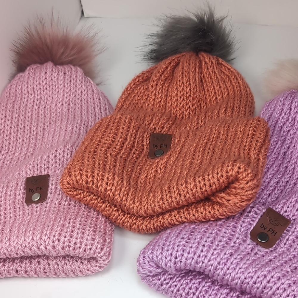 Pink, Purple, Or Coral Knit Beanie with Pom Pom Handmade New!